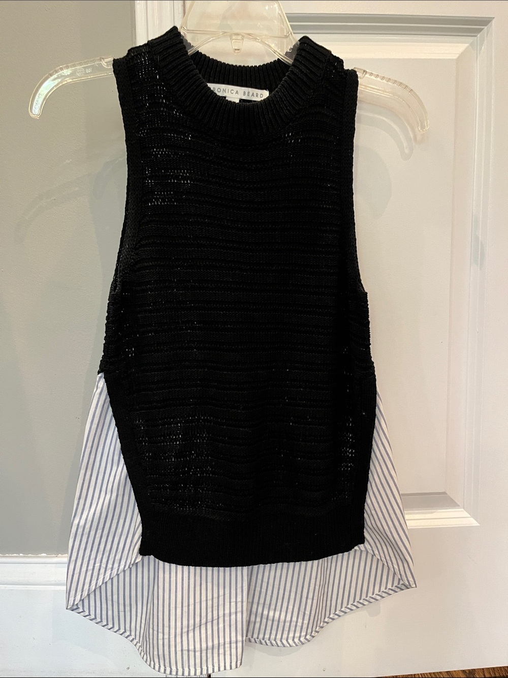 Veronica Beard Black Sleeveless Knit Shell with Blue-White Striped Shirttail